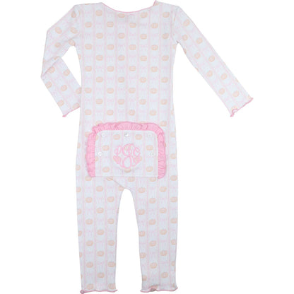zipper pajama with pumpkin pattern and pink accents on a white background