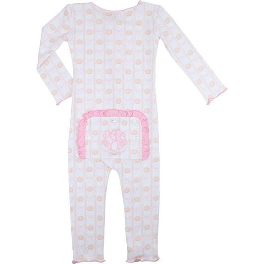 zipper pajama with pumpkin pattern and pink accents on a white background