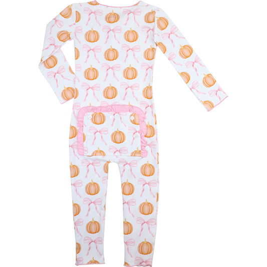Zipper pajama with pumpkin and bow pattern on a white background