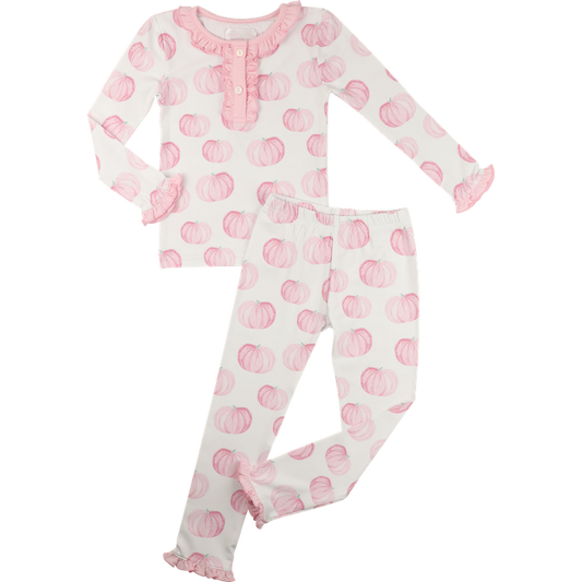 girls pajama set with pink pumpkin pattern on a white background