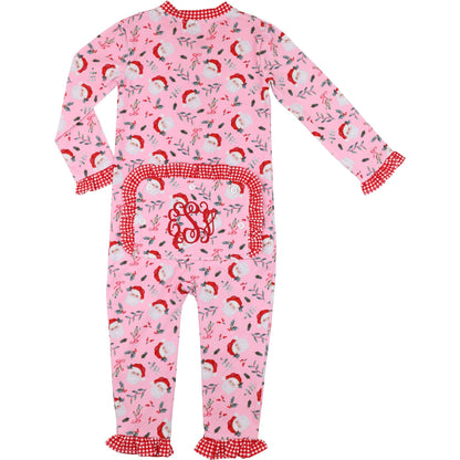 Pink Knit Santa And Holly Zipper Pajamas