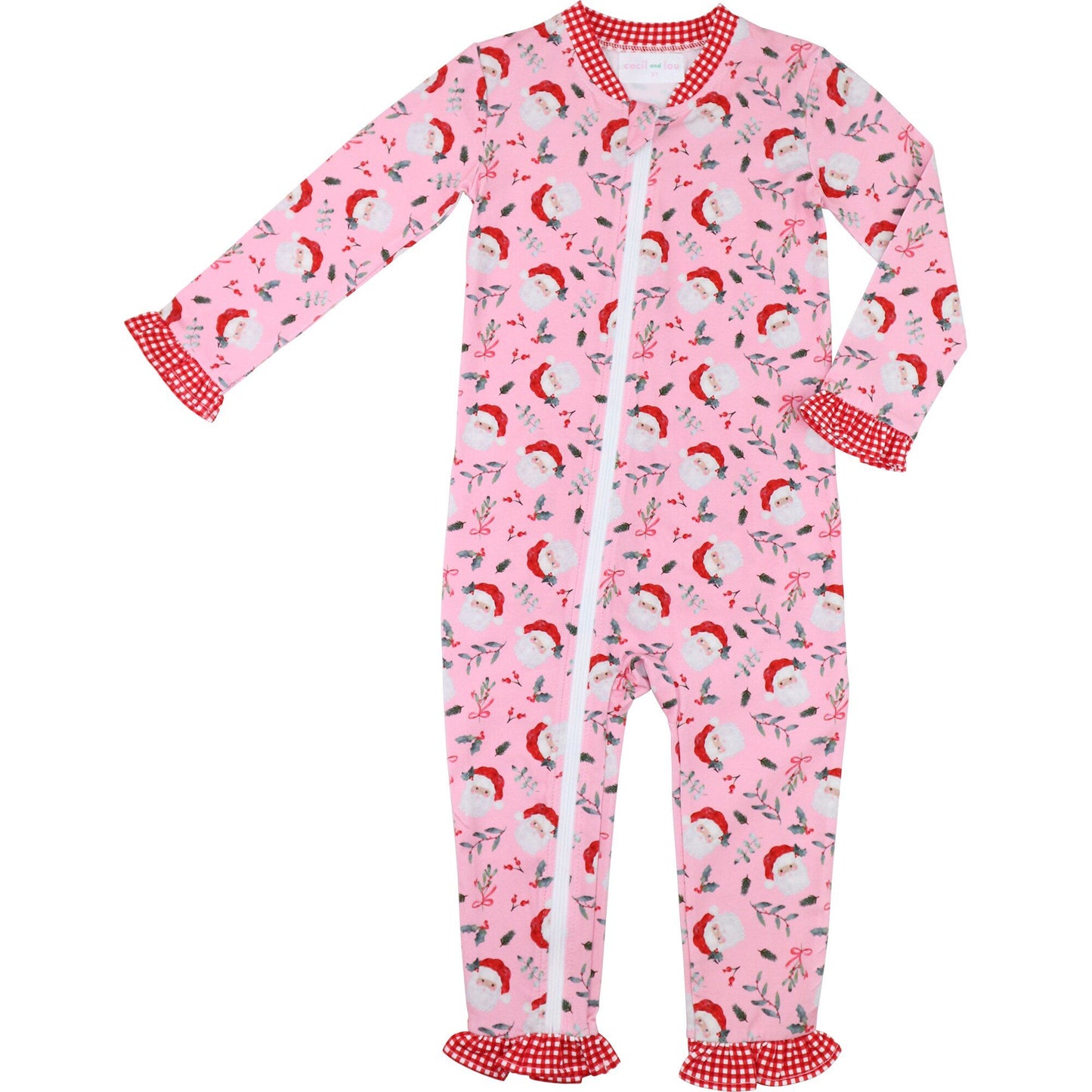 Pink Knit Santa And Holly Zipper Pajamas