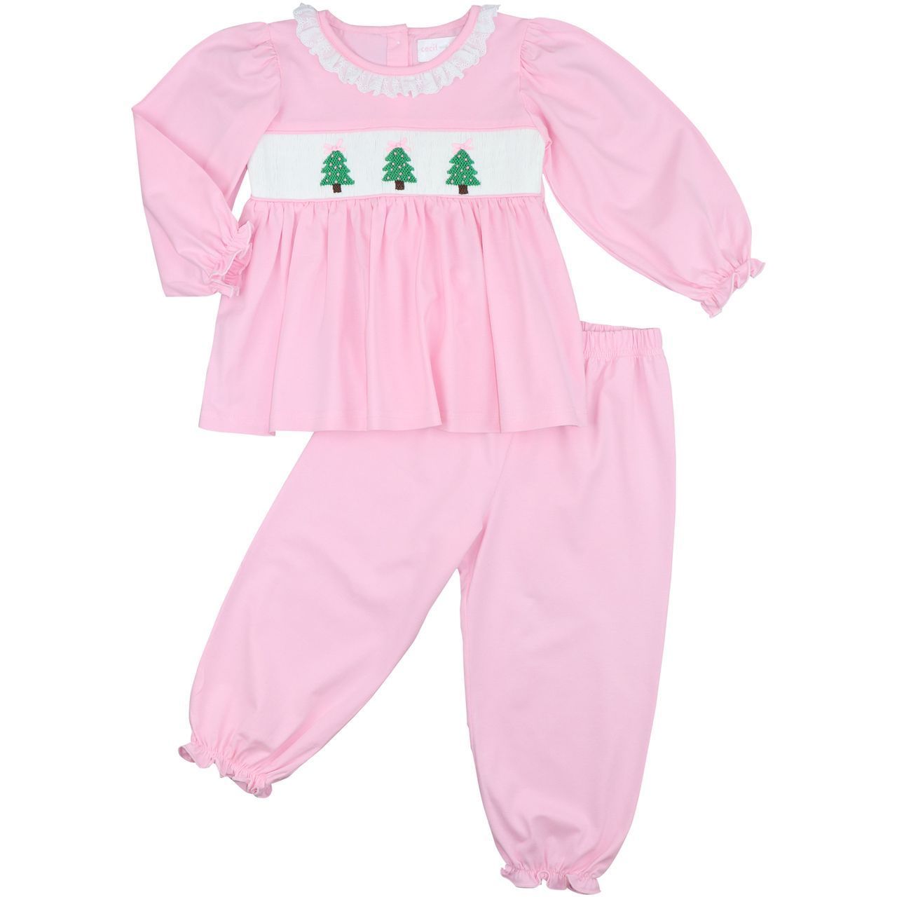 Pink Knit Smocked Christmas Tree Pant Set