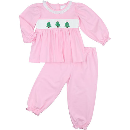 Pink Knit Smocked Christmas Tree Pant Set