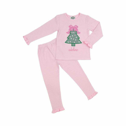 Pink Knit Stripe Applique Christmas Tree Pajamas