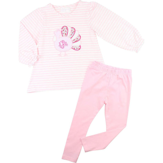 Pink legging set with a turkey on a white background
