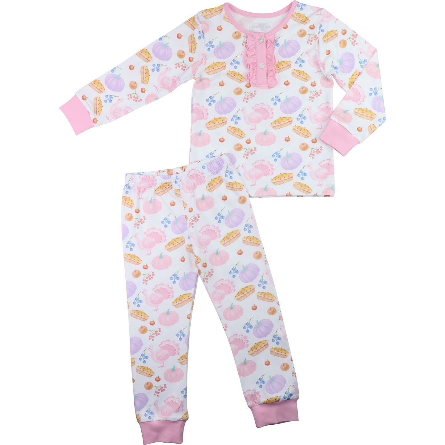 Pink knit turkey and pumpkin pajamas