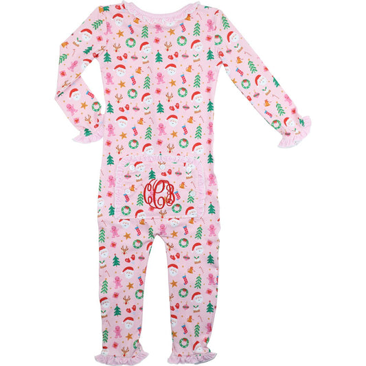 Pink Knit Yuletide Print Zipper Pajamas