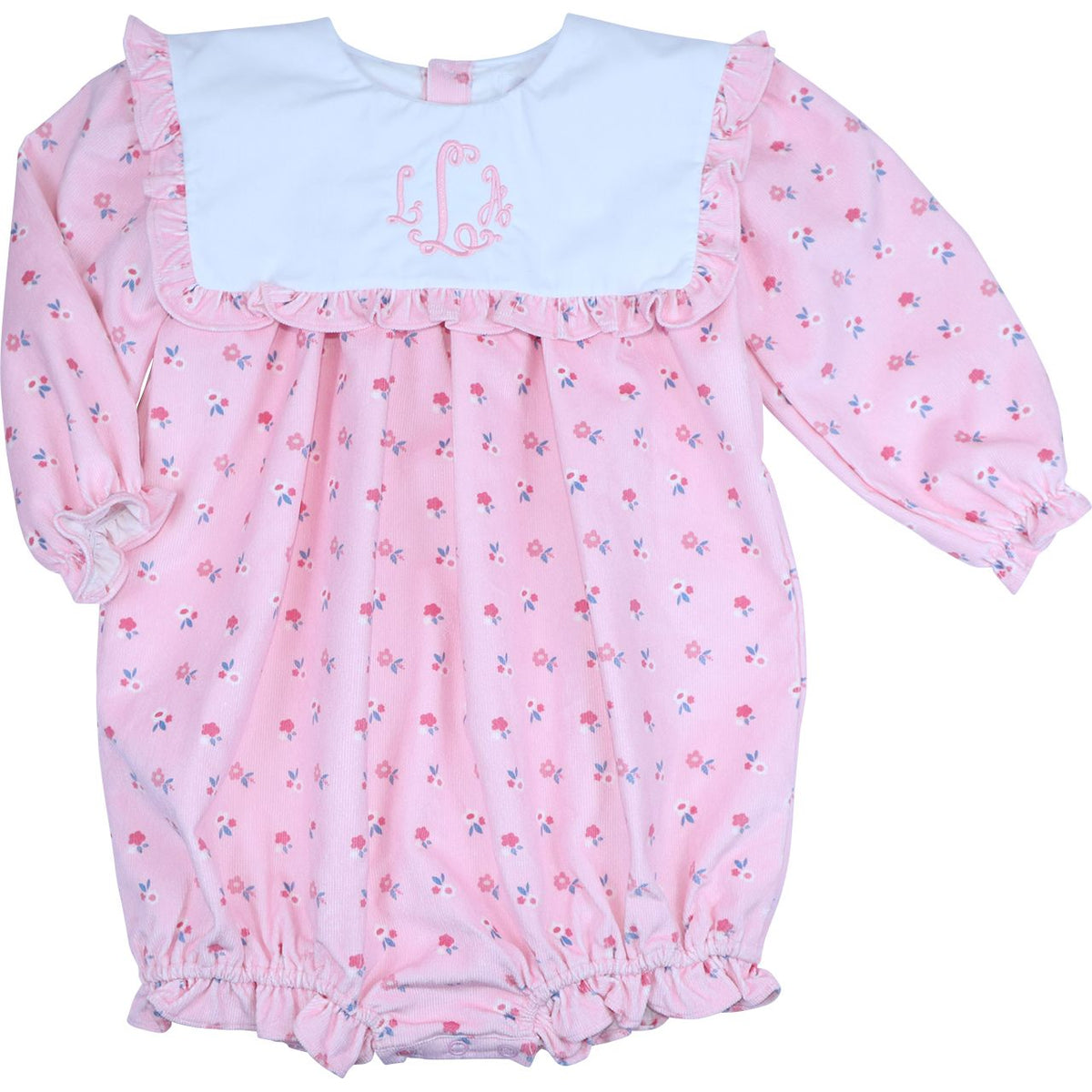 Pink floral corduroy bubble with white bib, ruffle trim and monogram