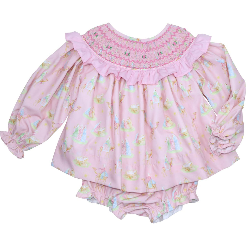 Pink Nativity scene smocked Christmas outfit for baby and toddler girls