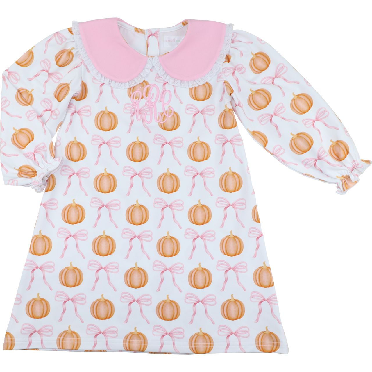 Girl dress with pumpkin and bow pattern on a white background