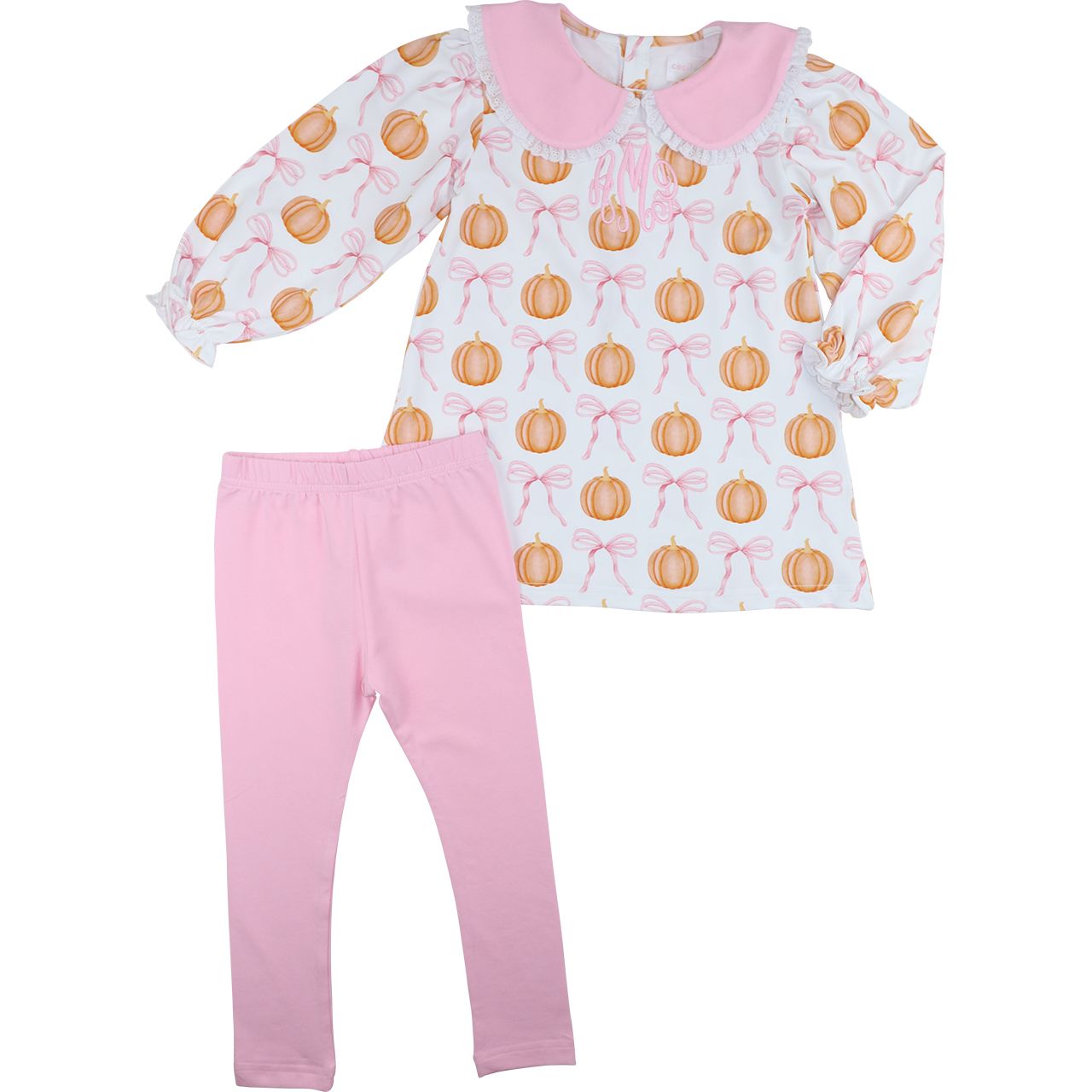 Legging set with pumpkin and bow pattern top and pink pants on a white background