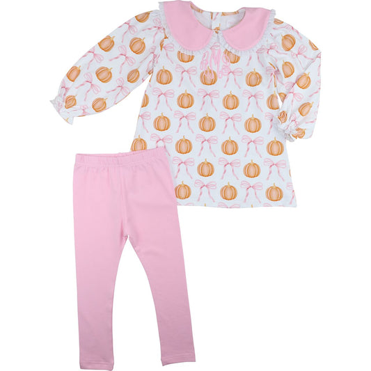 Legging set with pumpkin and bow pattern top and pink pants on a white background