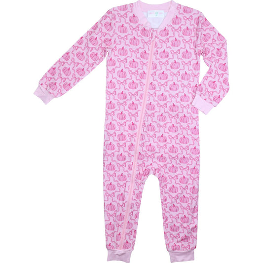 Pink Pumpkin And Ribbon Knit Zipper Pajamas