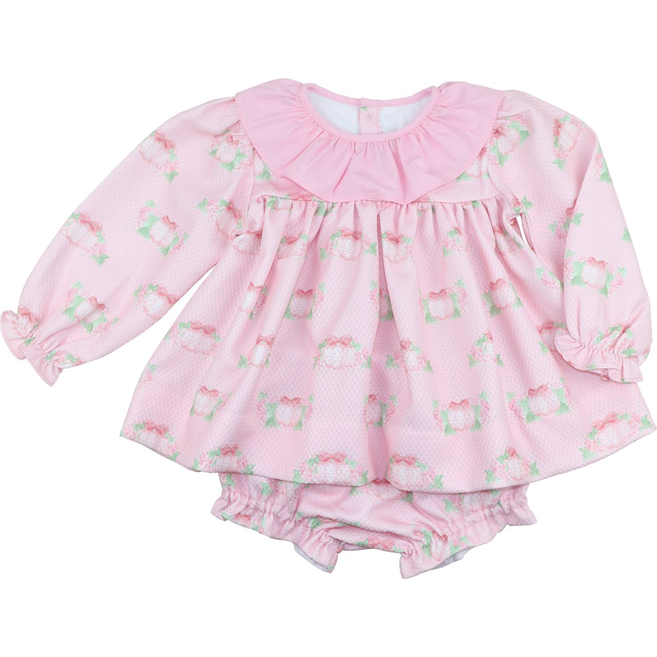 Pink diaper set with floral pattern on a white background