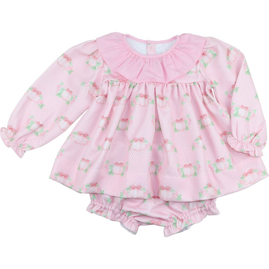 Pink diaper set with floral pattern on a white background