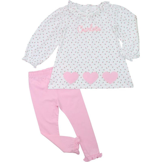 Pink Rosebud Applique Heart Legging Set