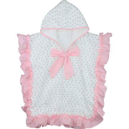 Baby poncho with hood, pink trim, and bow on a white background