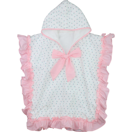 Baby poncho with hood, pink trim, and bow on a white background