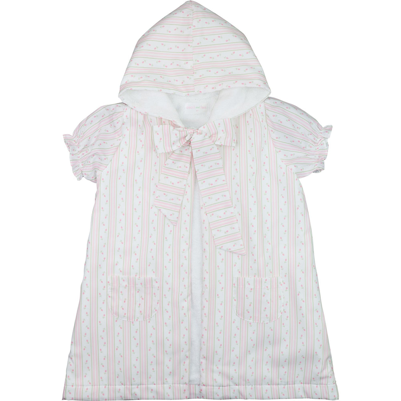 Baby dress with hood and striped pattern on a white background