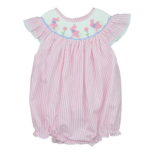 Pink Seersucker Smocked Bunnies Bubble