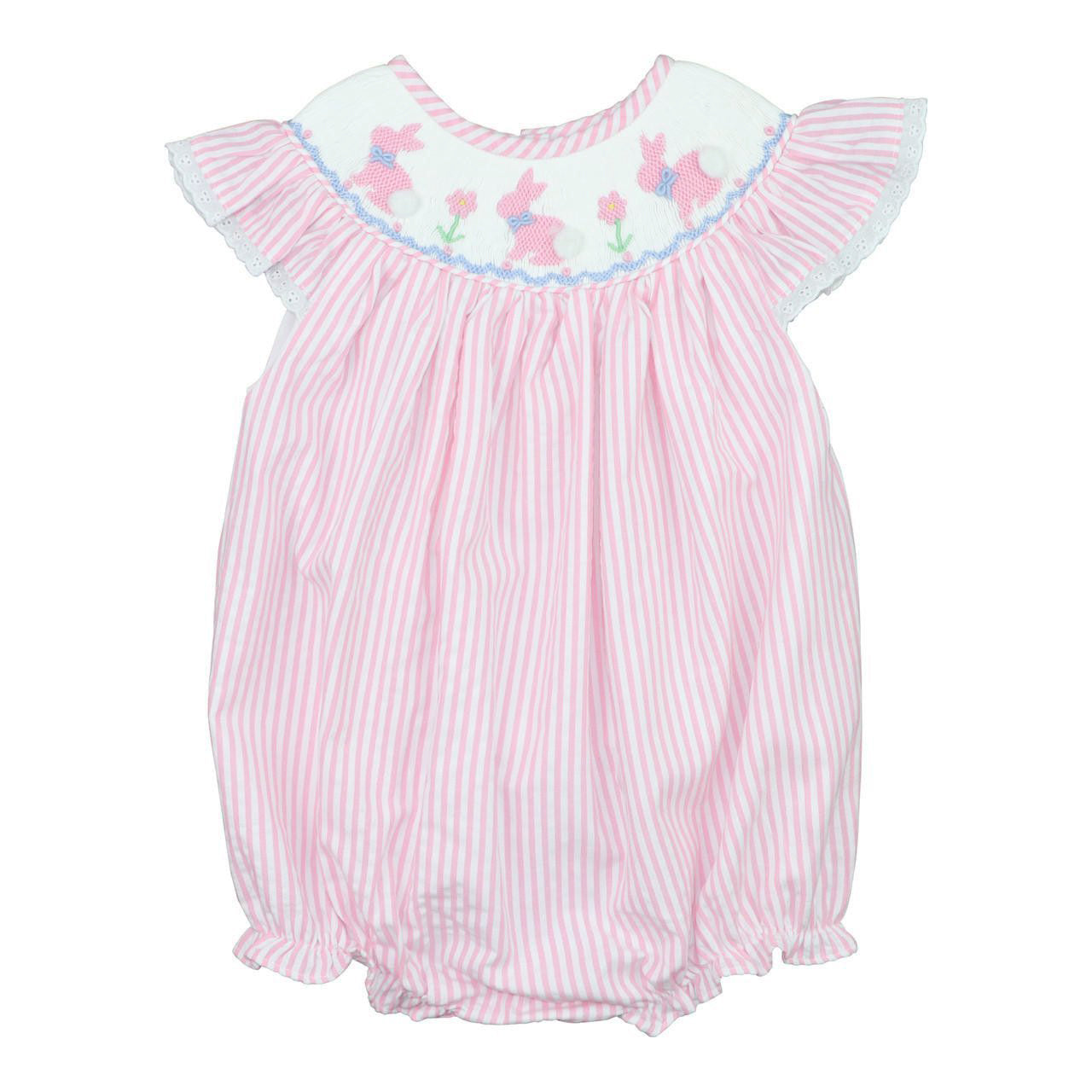 Pink and white striped baby bubble with embroidered details on a white background