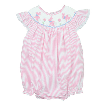 Pink and white striped baby bubble with embroidered details on a white background