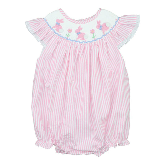 Pink and white striped baby bubble with embroidered details on a white background