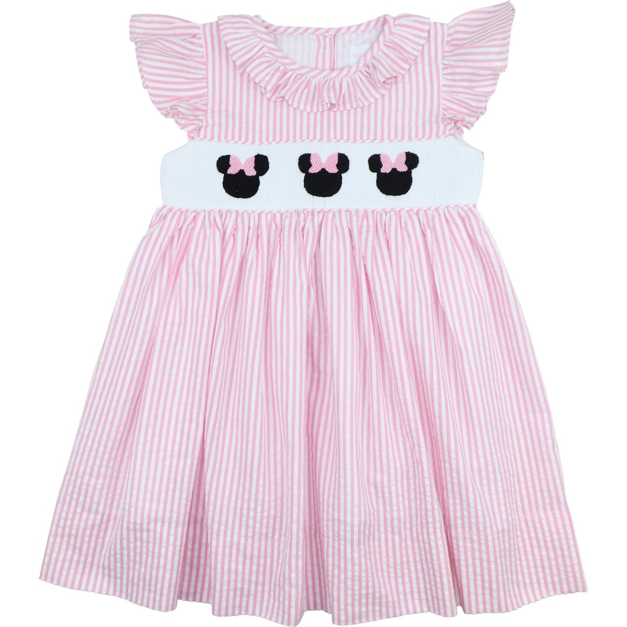 Pink and white striped dress with cartoon character design on a white background