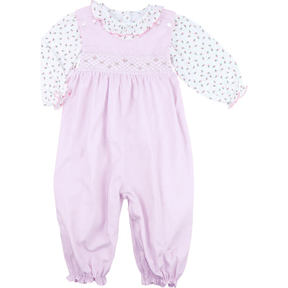 Pink Smocked Corduroy Rosebud Long Bubble Set