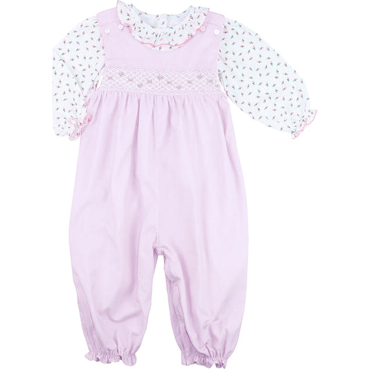 Pink Smocked Corduroy Rosebud Long Bubble Set