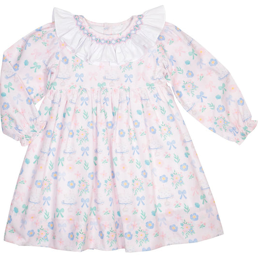 Cecil & Lou girls' Pink Smocked Floral Birthday Print Dress with pastel bows, cakes, and white ruffle collar