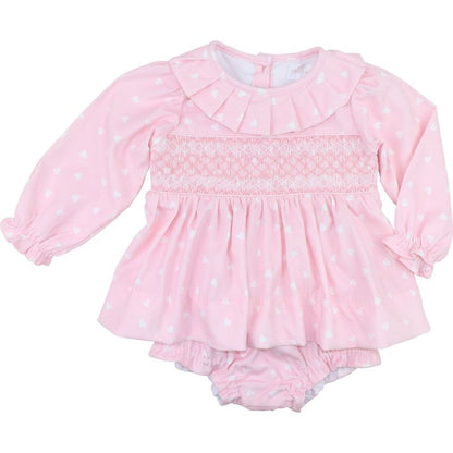 Pink Smocked Heart Print Diaper Set