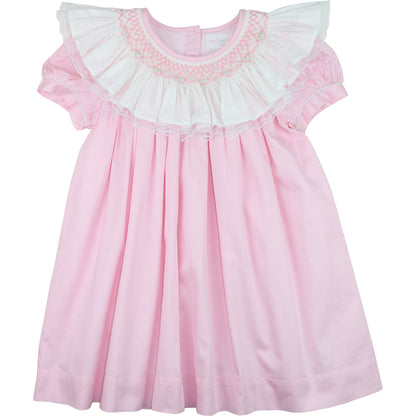 Pink Smocked Ruffle Neck Dress