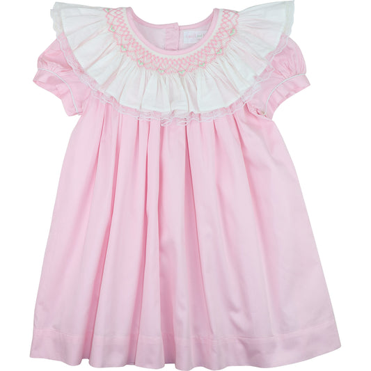 Pink Smocked Ruffle Neck Dress