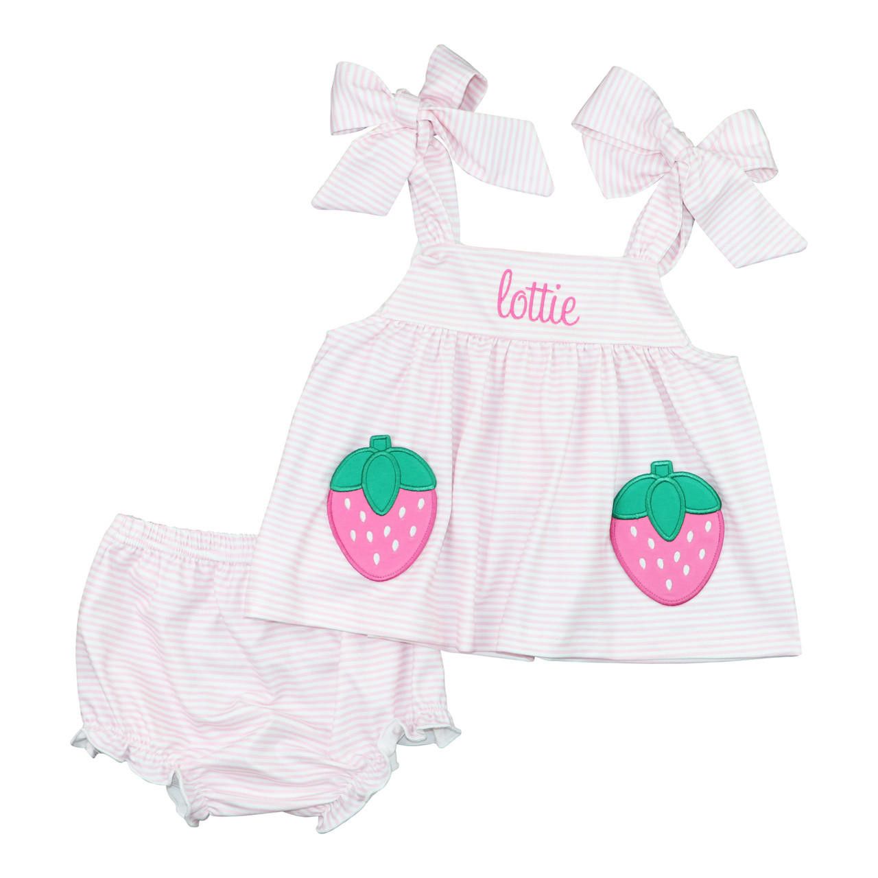 Pink Stripe Knit Applique Strawberry Diaper Set