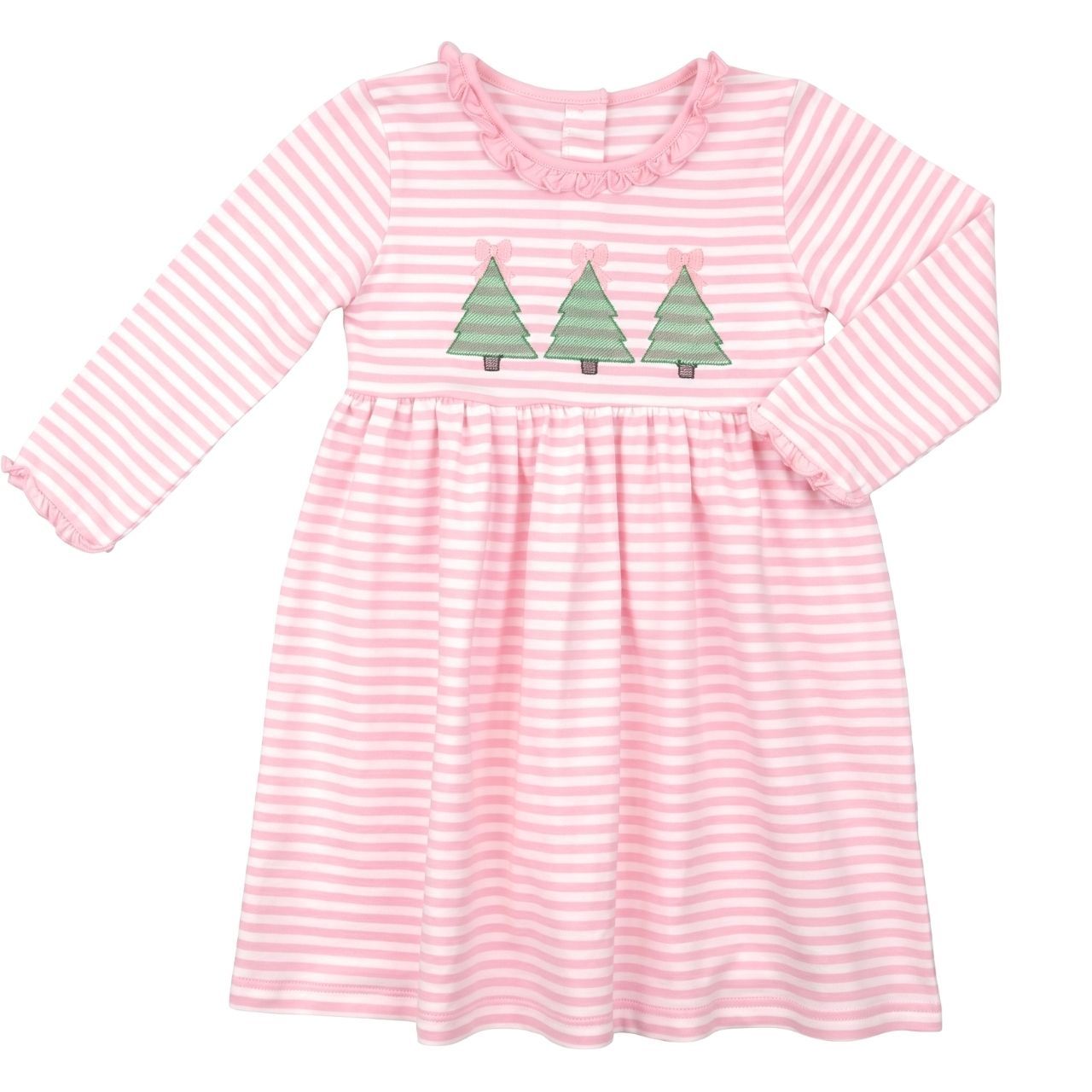 Pink Stripe Knit Embroidered Christmas Trees Dress