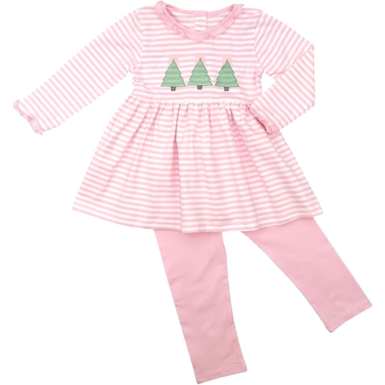 Pink Stripe Knit Embroidered Christmas Trees Legging Set