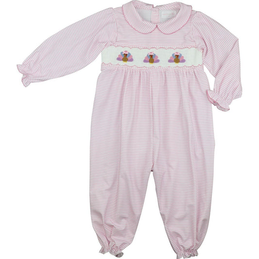 Pink Stripe Knit Smocked Turkeys Long Bubble