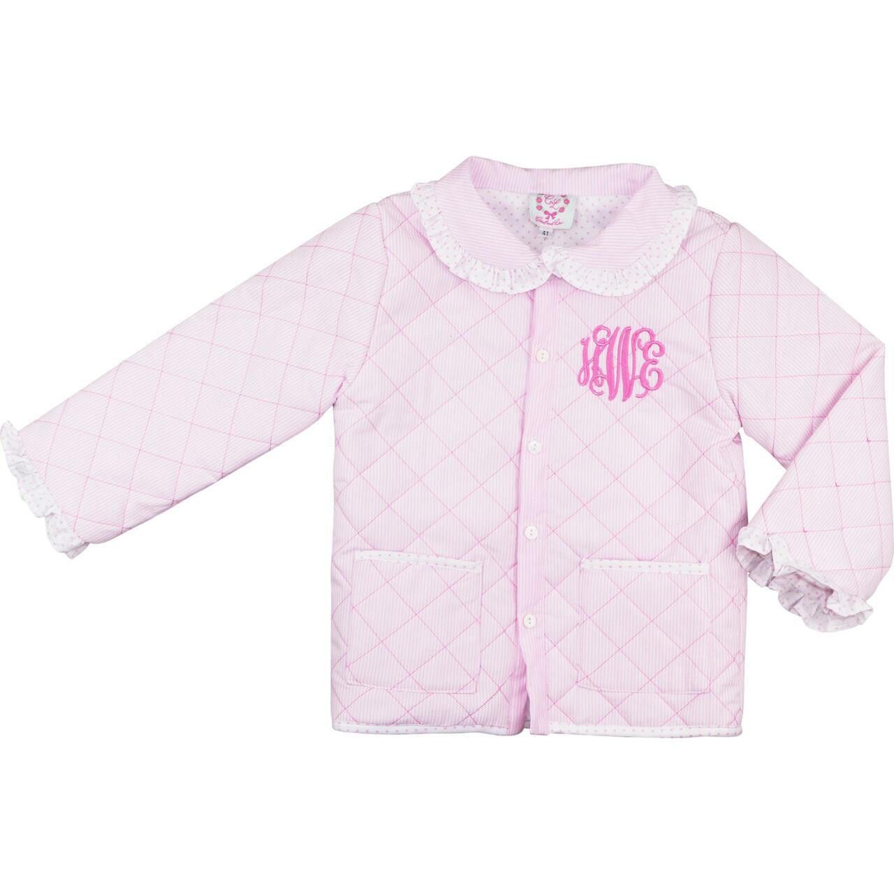 Pink quilted jacket with monogram "hWe" on a white background
