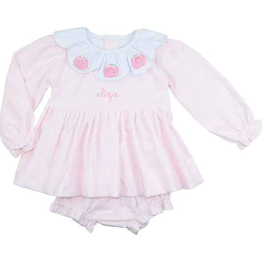 Pink diaper set with pumpkin collar and bloomers on a white background