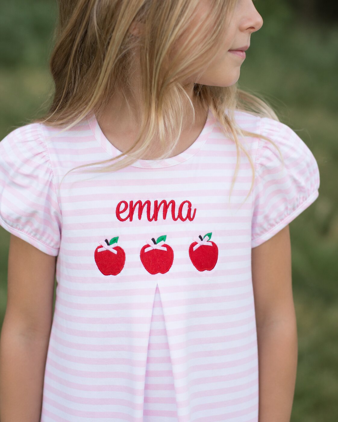 Pink Striped Dress With Embroidered Apples