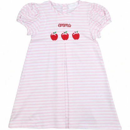 Pink Striped Knit Embroidered Apples Dress1