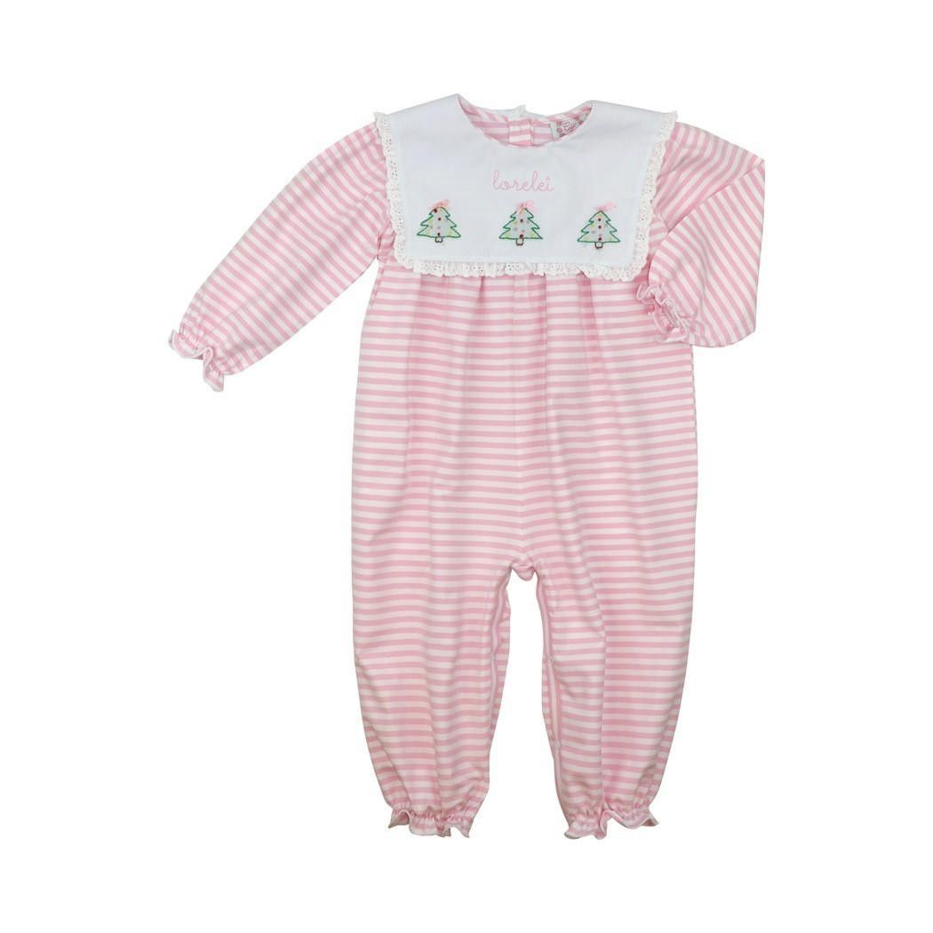 Pink Striped Knit Embroidered Christmas Tree Long Bubble