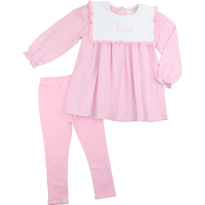 Pink Striped Knit Square Collar Legging Set