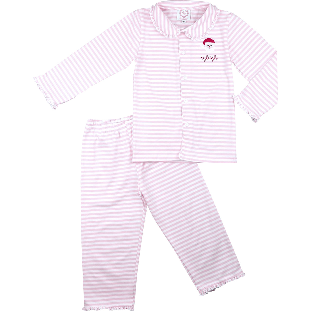 Pink and white striped santa pajama set on a white background