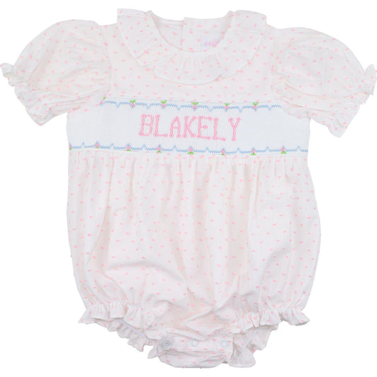 Pink Swiss Dot Custom Smocked Bubble