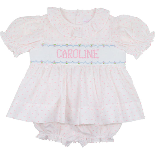 Pink Swiss Dot Custom Smocked Diaper Set