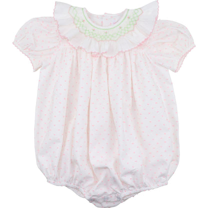 Pink Swiss Dot Smocked Bubble