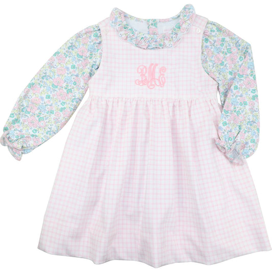 Pink Windowpane Corduroy And Floral Dress Set